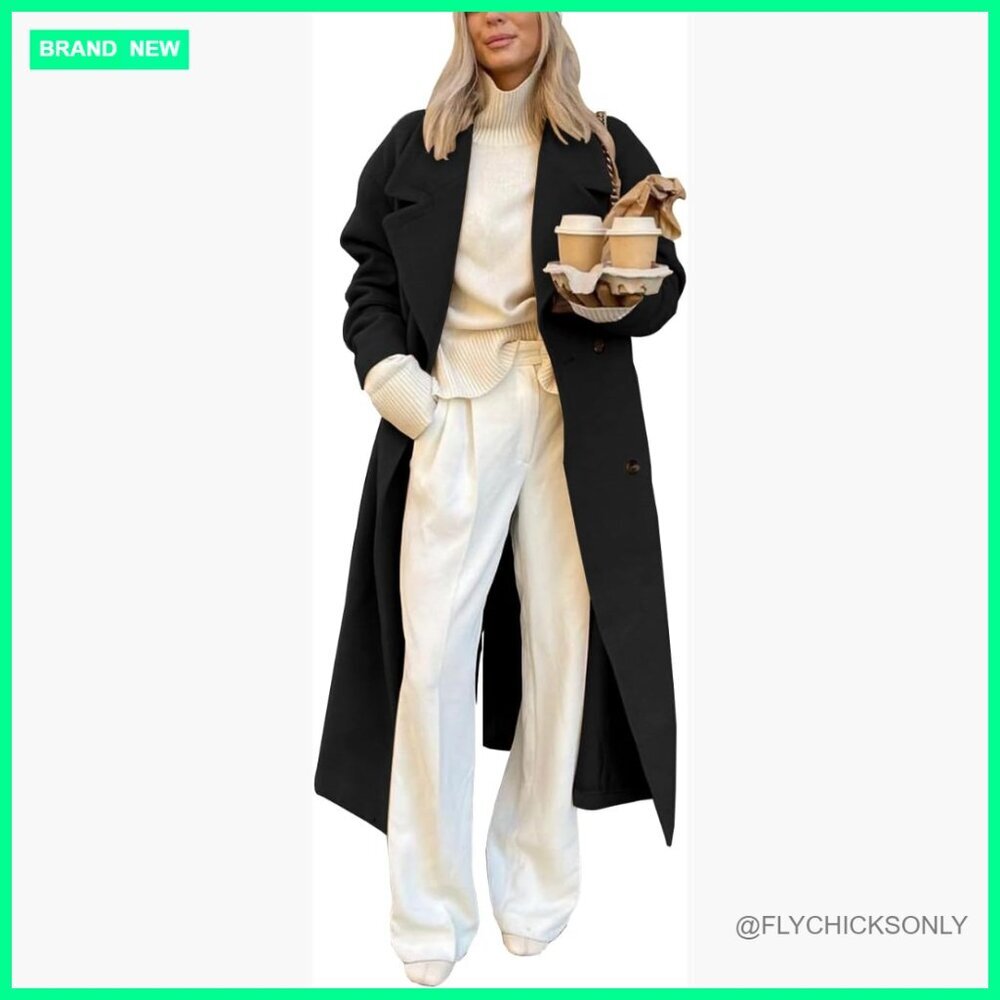 Long Wool Blend Pea Coat Oversized Notch Lapel Overcoat